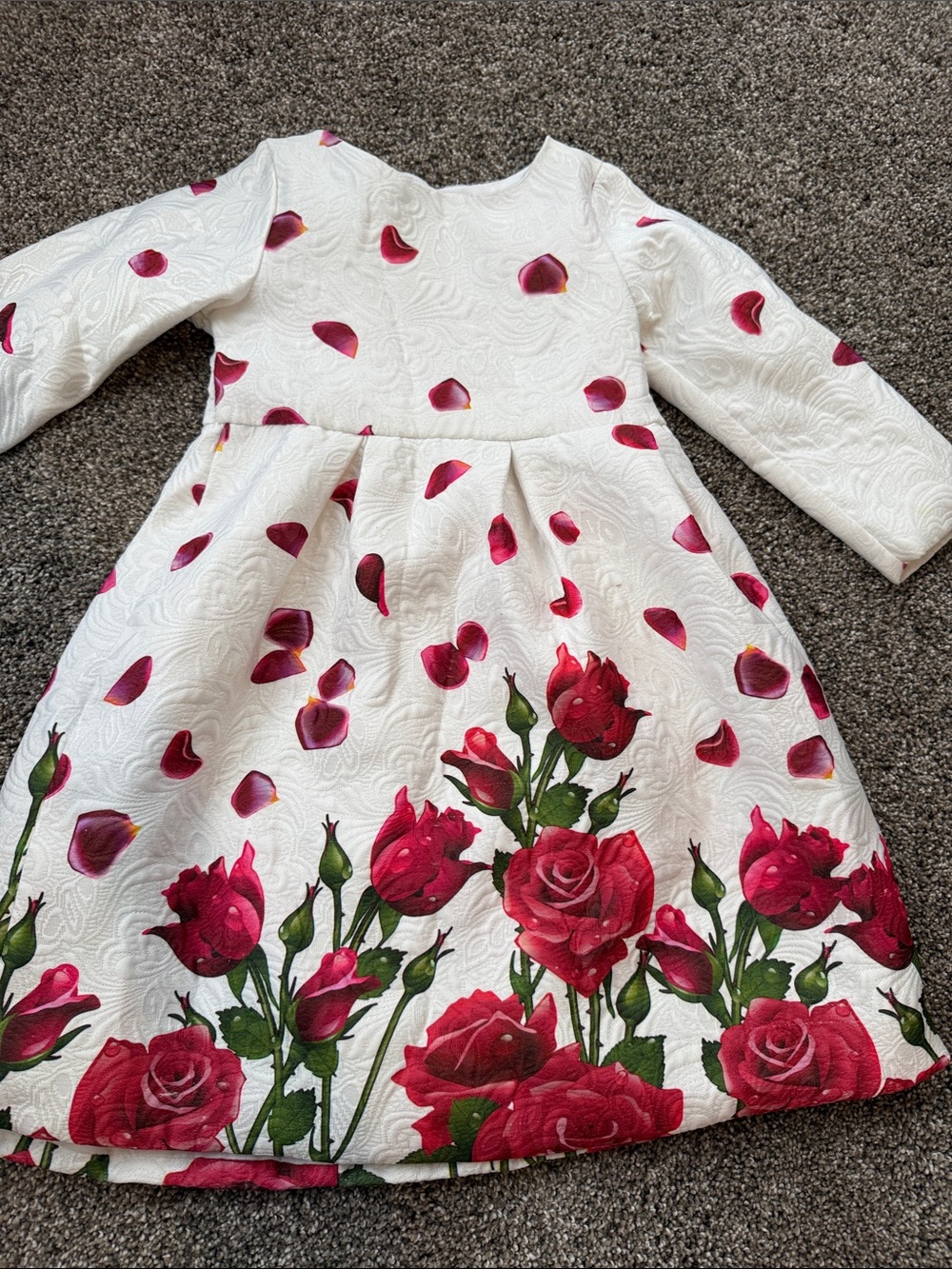 Girls White Long-Sleeve Dress with Pink Rose Print